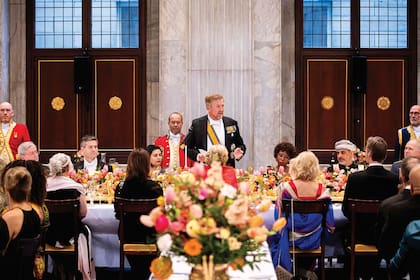 O momento em que o rei William Alexander faz seu discurso para cento e quarenta convidados