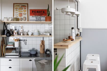 Revestimiento y mesada (Corralón Alves Da Silva). Lámparas colgantes (Luz Design). Mate de madera tallada (Sasha Gats). Termo (Broksol). Banquetas (De Sillas.com).