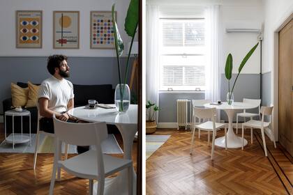 El dueño de casa, sentado frente a los cuadros de Free Style Deco. Mesa (Muebles Online). Sillas (MRB Equipamientos). Cortinas (La Déco Privée).