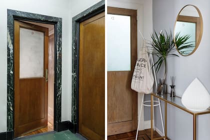 La puerta de entrada, la clásica de oficina antigua. Consola y espejo (El Galpón Deco).