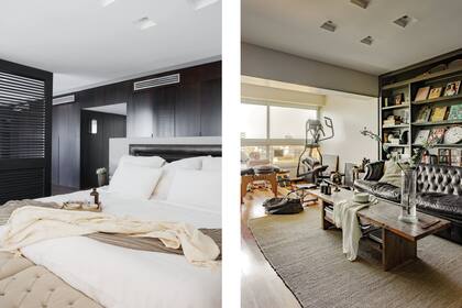 Revistieron toda la pared de la suite con nogal lustrado. El sillón del estar fue renovado en cuero por Paul French Gallery. La biblioteca y la mesa de centro llegaron desde la casa anterior de la pareja.