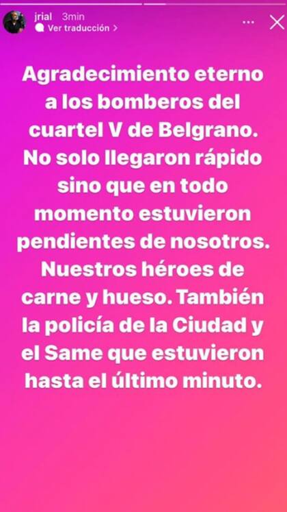 En sus Instagram Stories, el periodista agradeció a los bomberos de Belgrano, la Policía de la Ciudad y el SAME 