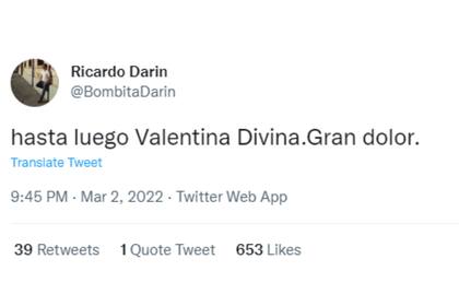 Ricardo Darín expresó su dolor en las redes sociales tras la partida de Valentina