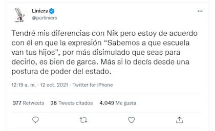 Ricardo Siri, mejor conocido como Liniers, mostró su apoyo a Nik por su reciente reclamo