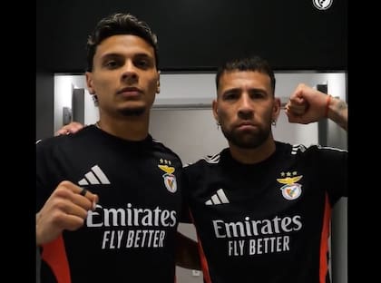 Richard Ríos y Nicolás Otamendi en el particular video que hizo Benfica para presentar al colombiano, que discutió con el argentino tras el último enfrentamiento de la eliminatoria sudamericana.