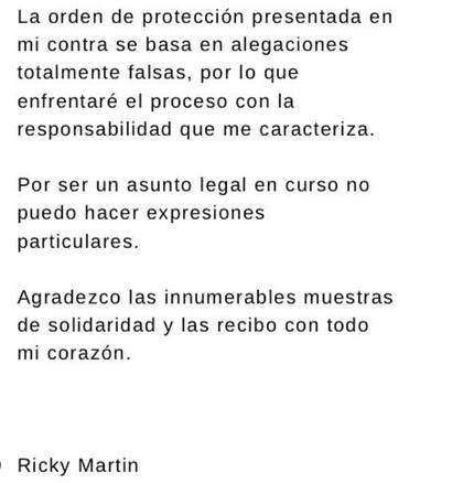 Ricky Martin dio un comunicado luego de que se diera a conocer la orden de alejamiento en su contra