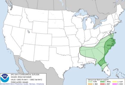 Riesgo marginal de tormentas severas en el sureste (Carolinas, Georgia y norte de Florida) este viernes 11 de abril, con posibilidad de granizo y ráfagas dañinas