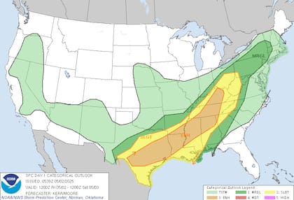 Riesgo mejorado de tormentas severas (nivel 3/5) en Texas, Louisiana y Mississippi, con granizo y posibles tornados aislados este viernes