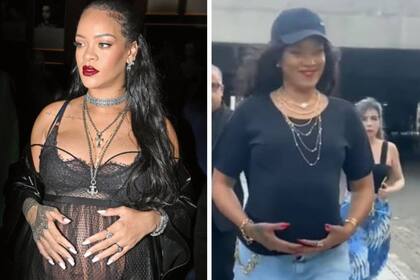 Rihanna embarazada real, a la izquierda, y la falsa Rihanna, Priscila Beatrice, con un embarazo de gomaespuma