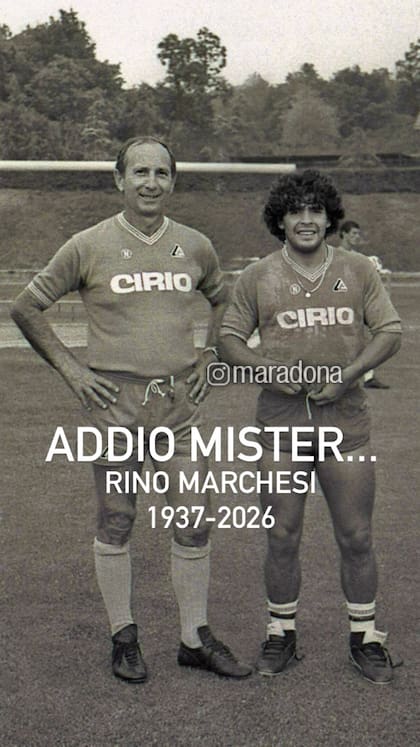 Rino Marchesi, el primer DT de Maradona en Napoli, y en una publicación de la familia del Diez en su cuenta de Instagram