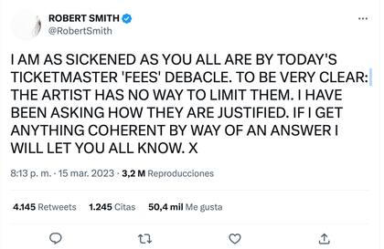 Robert Smith se dijo asqueado por la situación de los boletos