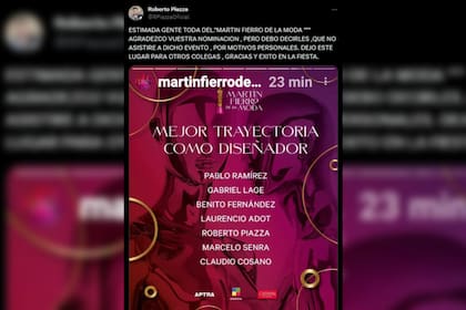 Roberto Piazza renunció a los Martín Fierro de la moda (Captura X)