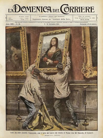 Robo de la Mona Lisa. Ilustrador Achille Beltrame (1871-1945), de La Domenica del Corriere, del 3 al 10 de septiembre de 1911.