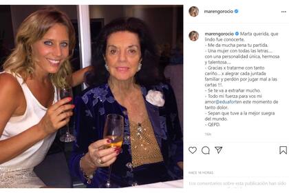 Rocío Marengo publicó un conmovedor mensaje tras la muerte de su suegra Marta Fort