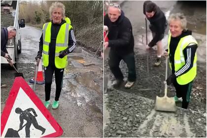 Rod Stewart tomó la pala para arreglar una vía en Essex (Crédito: Captura de video Instagram/@sirrodstewart)