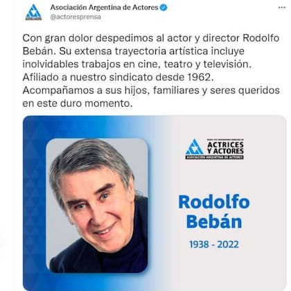 Rodolfo Bebán falleció este sábado por la noche, a los 84 años, y la Asociación Argentina de Actores lo despidió en las redes sociales