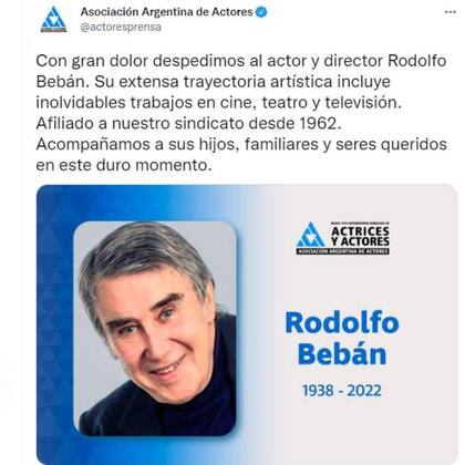 Rodolfo Bebán falleció este sábado por la noche, a los 84 años, y la Asociación Argentina de Actores lo despidió en las redes sociales