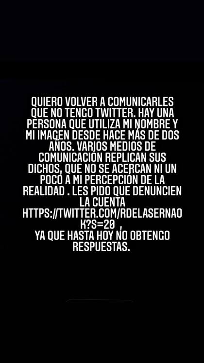 Rodrigo de la Serna denunció en Instagram que un usuario se hace pasar por él en Twitter