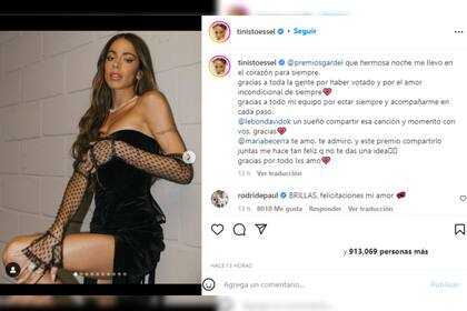 Rodrigo De Paul felicitó a su novia (Foto Instagram @tinistoessel)