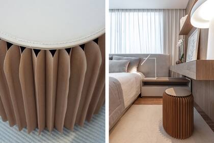 Rodrigo y Luciana no escatimaron en piezas que sobresalieran por su textura y sus formas. Es el caso de este banco de papel plegado con tapa de cuero (Hábito).