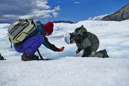 Los científicos tomando muestras en el hielo