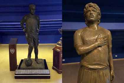 Román Riquelme y Diego Maradona, ídolos boquenses hechos estatuas ubicadas en la zona de vestuarios de la Bombonera, fuera del museo y sin incidencia del concesionario.
