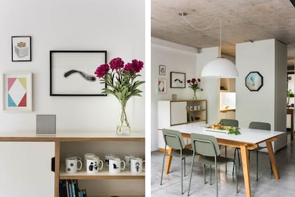 ‘Rombo’ de Natalia Cachiarelli, óleo sobre tela de Laura Ojeda Bar y acrílico sobre papel de Beto De Volder. Pieza de acrílico serigrafiada con un diseño de Natalia Cachiarelli. Sobre la columna, obra hexagonal (Amadeo Azar).