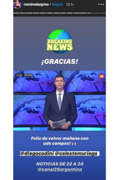 Romina Malaspina confirmó que esta noche regresará al noticiero de Canal 26