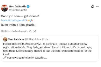 Ron DeSantis apoyó una ley para quitar las calcomanías amarillas de las matrículas de Florida