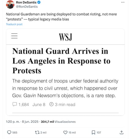 Ron DeSantis criticó el término "protestas" para referirse a la situación en Los Ángeles