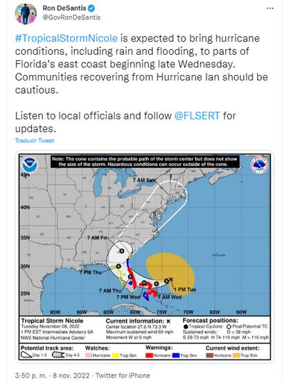 Ron DeSantis, gobernador de Florida, advirtió que se estimaba que la tormenta tropical Nicole trajera consigo condiciones de huracán