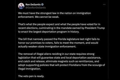 Ron DeSantis no escondió su rechazo a la propuesta legislativa por el Congreso de Florida en la sesión especial