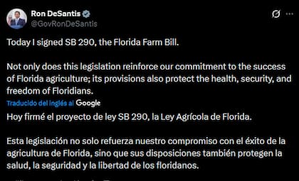 Ron DeSantis presumió la aprobación de la ley SB 290 en Florida con un mensaje en redes sociales