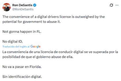 Ron DeSantis remarcó que no se usará la licencia de conducir digital en Florida
