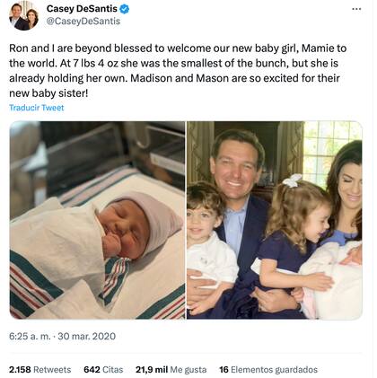 Ron y Casey DeSantis le dieron la bienvenida a su tercera hija