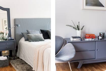 Ropa de cama (Atelier de Hilos) en combinación con el respaldo (Home Collection) forrado en tela (De Levie). Cómoda (Alejandro Venturotti). Lámpara 'Tolomeo' (Artemide) y alfombra de pelo largo (Mihran).