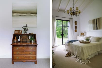 Ropa de cama blanca a tono con las cortinas de lino y acrílico, fáciles de lavar, idénticas a las del resto de la casa. Sobre el respaldo y el escritorio heredado, obras de Carol Rey.