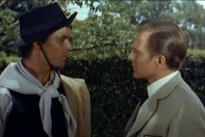 Rory Calhoun representa al gaucho y Hugh Marlowe a un acaudalado hombre de ciudad en El camino del gaucho
