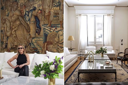 A la izq., María Silvia Loitegui. En las mesas, rosas y salvias en contenedor de bronce y “La Novena”, obra de nueve floreros sobre base de mármol (todo Meenoush).