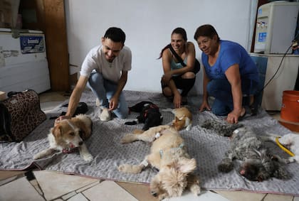 Rubén, su madre y una voluntaria esperan en el living de su casa a que despierten las mascotas que acaban de ser operadas