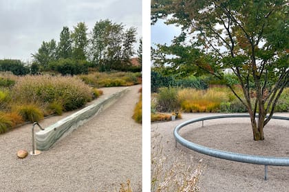 Ruisseau una fuente de agua de mármol (izq.). La escultura Ring que rodea el árbol (der.).
