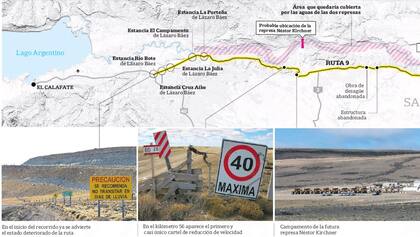 Ruta Provincial 9 y el área de futura inundación del valle del río Santa Cruz donde se construyen las Represas Hidroeléctricas