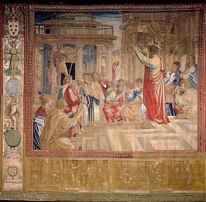 El conjunto representa las historias de San Pedro y San Pablo; en esta imagen, "San Paolo predica ad Atene"