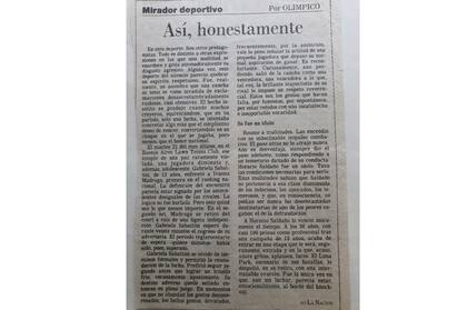 La columna de Olímpico (Alberto Laya) en el diario LA NACION, dedicada a la actitud de Sabatini con Madruga. 