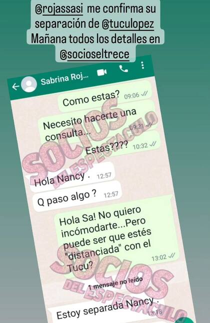 Sabrina Rojas le confirma a Nancy Duré que está separada del Tucu López
