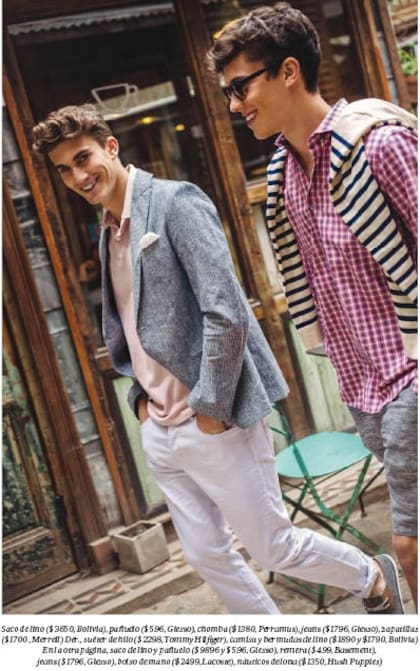 Saco de lino ($ 3650, Bolivia), pañuelo ($ 596, Giesso), chomba ($ 1380, Perramus), jeans ($ 1796, Giesso), zapatillas ($ 1700 , Merrell) Der., suéter de hilo ($ 2298, Tommy Hilfiger), camisa y bermudas de lino ($ 1890 y $ 1790, Bolivia)