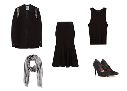 Saco (Riviera, $2500) Pollera (Black Mamba, $2100) Musculosa (AyNotDead, $625) Zapatos (Heyas, $1630) Pashmina (Lacoste, $799)