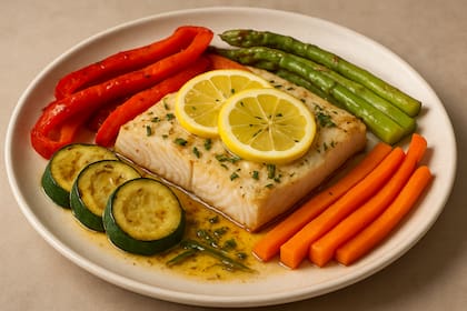 Salmón blanco al horno con verduras