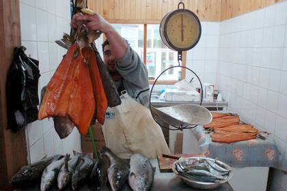 Salmón fresco en un mercado de la región de Los Lagos