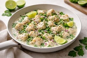 Salteado de merluza, coco y lima